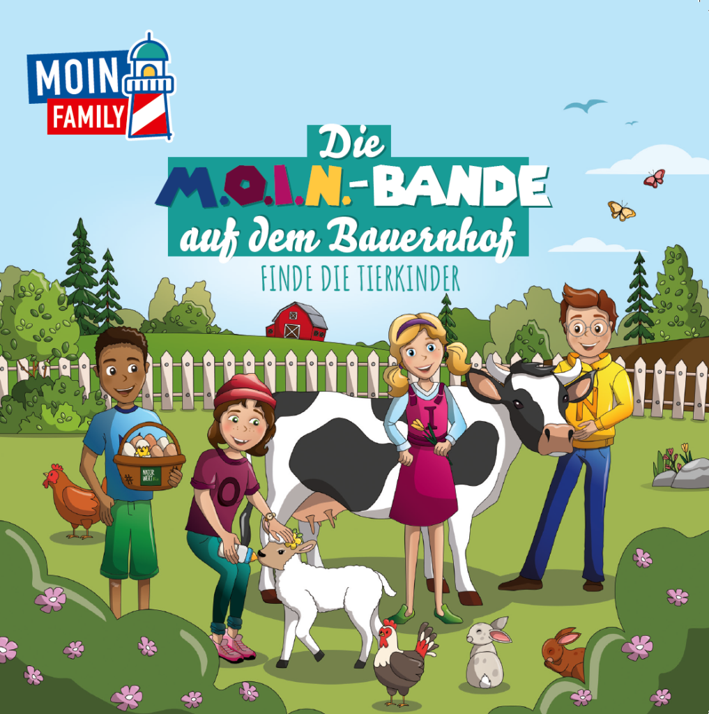 Titel eines Kinderbuches: Die MOIN-Bande auf dem Bauernhof: Finde die Tierkinder!
